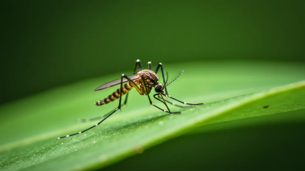 Close-up of a mosquito perched on a green leaf with visible body details