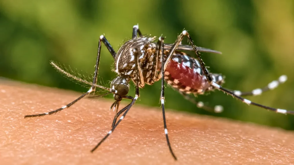 Close-up realistic image of a tiger mosquito perched on human skin about to bite