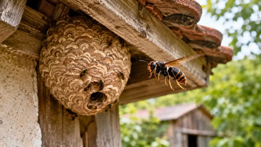 Asian hornet near a paper nest under a roof overhang.