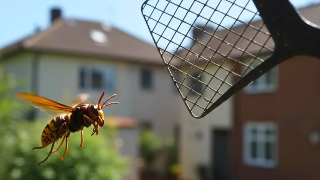 Asian hornet in flight near an electric fly swatter, illustrating the danger of amateur intervention