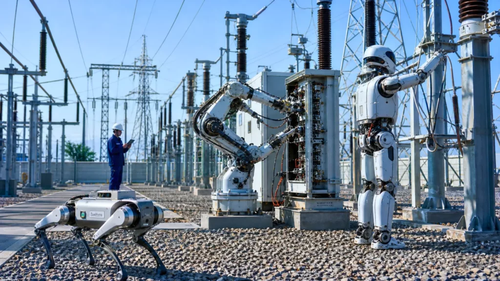humanoid quadruped robots and robotic arm inspecting a substation in China