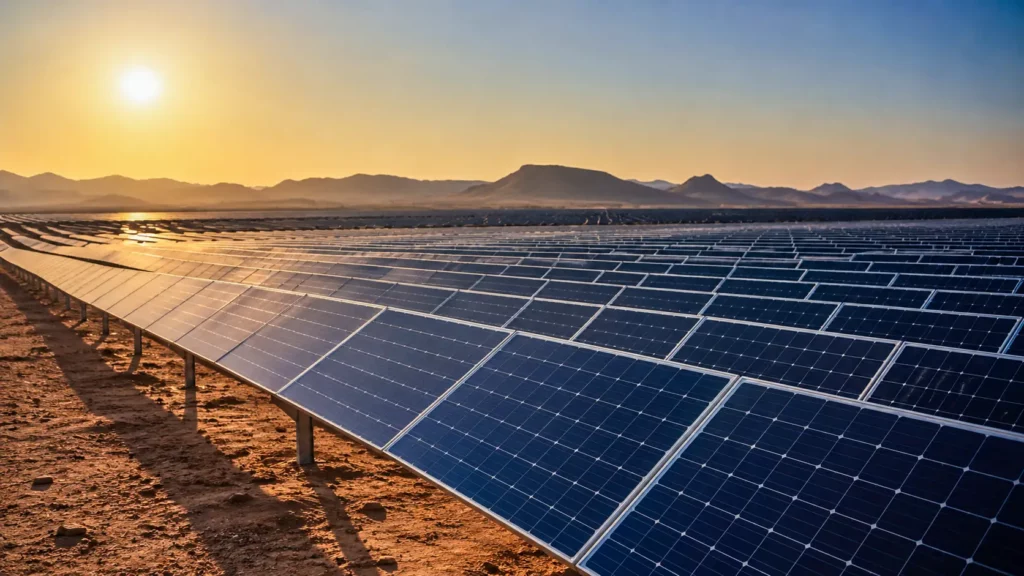 A vast solar farm stretches across an arid landscape with rows of PV panels bathed in sunlight.
