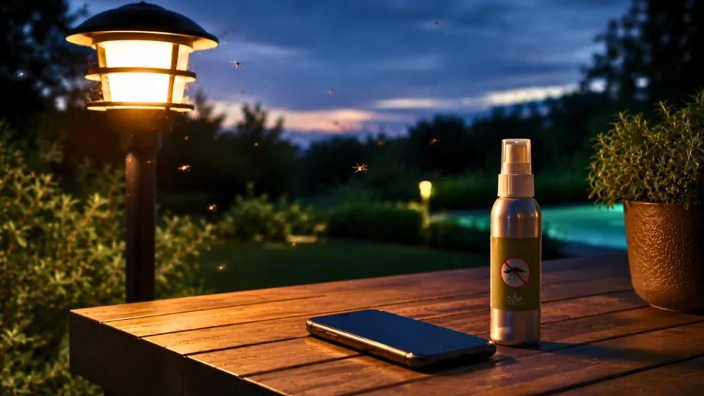 Lampe de jardin allumée en soirée avec quelques moustiques, un smartphone et un spray répulsif posés sur une table en bois.